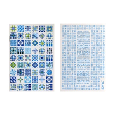 Dois puzzles verticais com padrões coloridos e texto sobre azulejos portugueses.