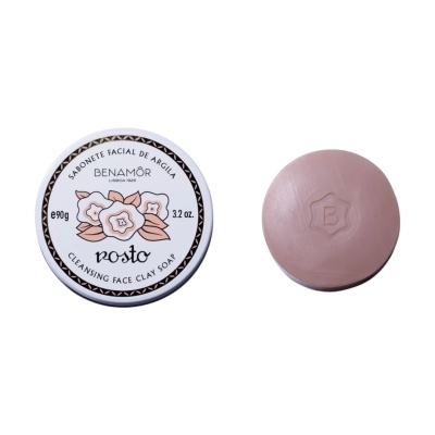 Sabonete facial de argila Benamôr com embalagem e sabão redondo rosa
