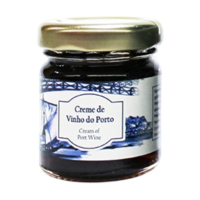 Frasco de creme de vinho do Porto com rótulo azul e branco