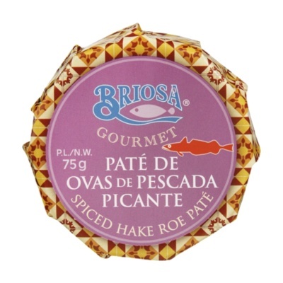 Pote de paté de ovas de pescada picante com etiqueta roxa e tampa com padrão geométrico.