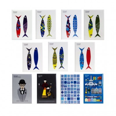 Doze postais ilustrados com peixes coloridos e desenhos culturais de Portugal em fundo branco