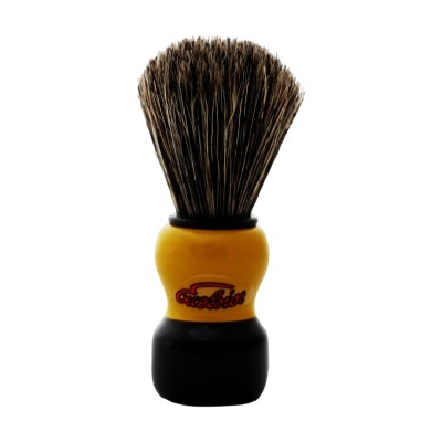 Pincel de barbear amarelo e preto com pelo natural