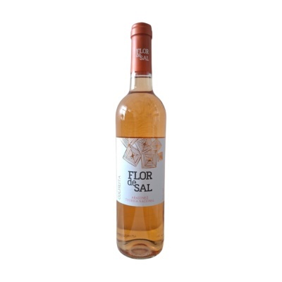 Garrafa de vinho rosé com rótulo branco e padrão geométrico dourado.