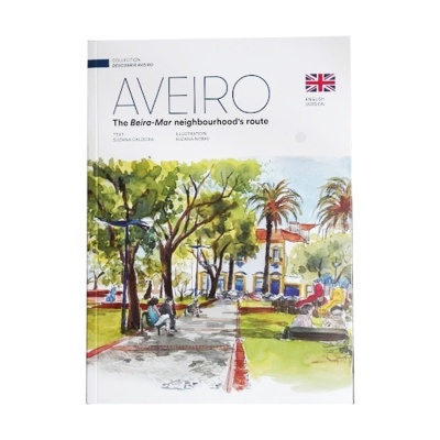 Capa de livro com ilustração de jardim e texto Aveiro e bandeira do Reino Unido