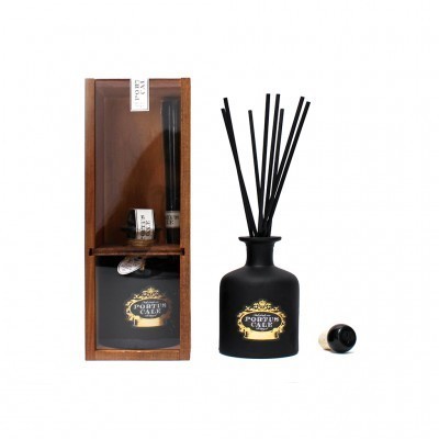 Difusor de aromas preto fosco com caixa de madeira castanha e palitos pretos