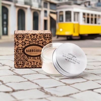 Frasco com tampa metálica e caixa decorada ANTIGA BARBEARIA de BAIRRO junto a elétrico amarelo