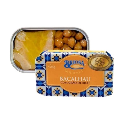 Lata de bacalhau com grão de bico Briosa Gourmet aberta e embalagem decorada