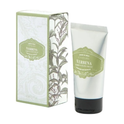 Creme de mãos Verbena da Castelbel em tubo prateado e embalagem decorada com folhas verdes