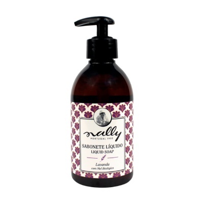 Frasco dispensador de sabonete líquido Nally com padrão floral lilás e roxo e texto Lavanda com Mel Biológico