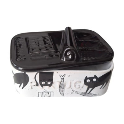Recipiente cerâmico branco com tampa preta e ilustrações de gatos e peixes.