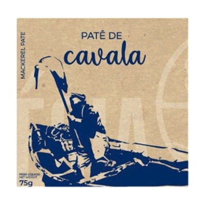 Embalagem de paté de cavala com ilustração azul sobre fundo castanho