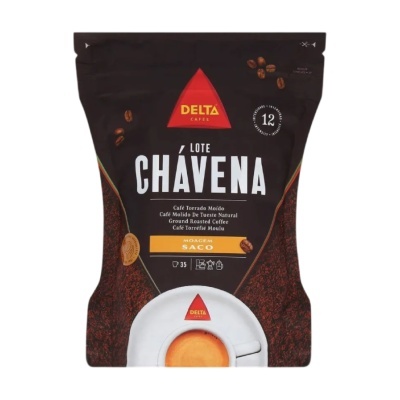 Pacote preto de café Delta Cafés Lote Chávena moído com imagem de chávena de café.