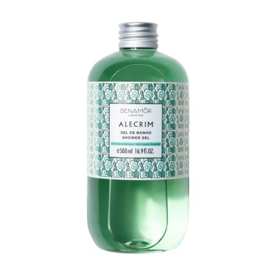 Garrafa verde de gel de banho Alecrim Benamôr com rótulo floral