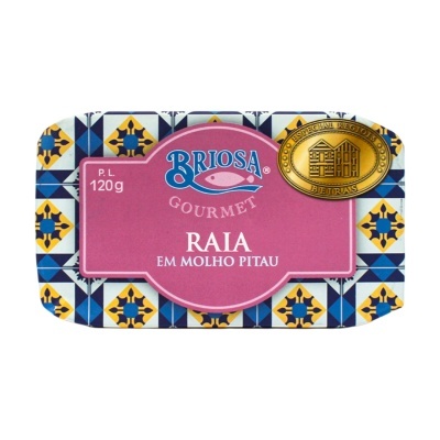 Lata de conserva Briosa Gourmet Raia em Molho Pitau com padrão azulejo