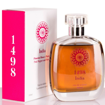 Frasco de perfume 1498 Índia com caixa branca e rosa