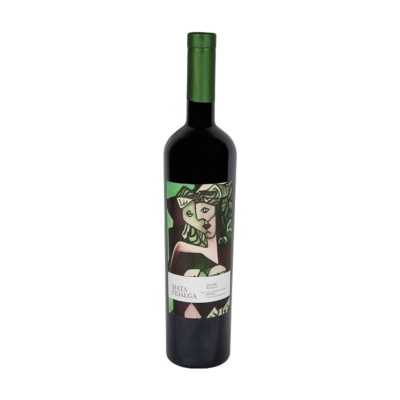 Garrafa de vinho tinto com rótulo artístico e tampa verde