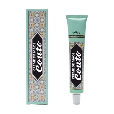 Tubo de creme de mãos Couto verde água com embalagem decorada com padrão de azulejos