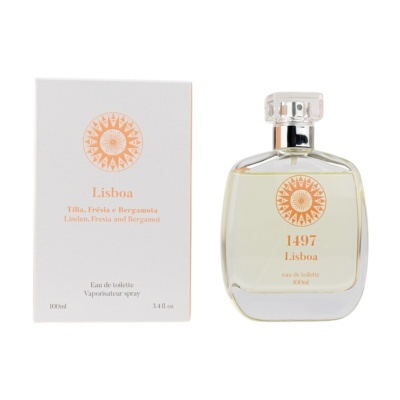 Frasco de perfume Lisboa com embalagem e texto em português e inglês