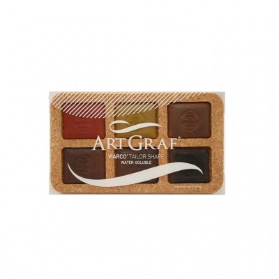 Conjunto de seis pastilhas de cera coloridas em caixa de cortiça com tampa transparente