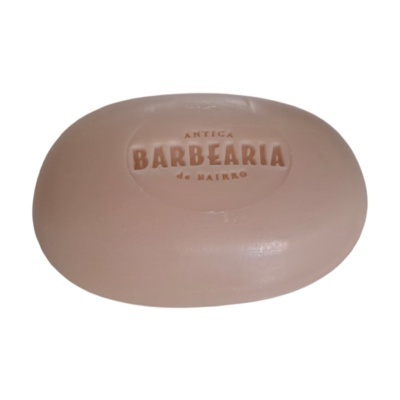 Sabonete oval bege com texto em relevo ANTIGA BARBEARIA de BAIRRO