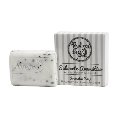 Sabonete aromático e embalagem com texto Beleza do Sal