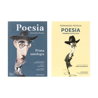 Duas capas de livros de poesia de Fernando Pessoa com ilustrações de homem de chapéu