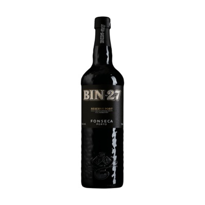 Garrafa de vinho do Porto Fonseca BIN 27 Reserve Port com rótulo preto