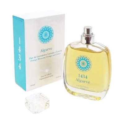Frasco de perfume 1434 Algarve com caixa correspondente azul e branca