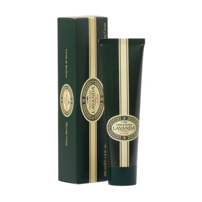 Creme de barbear Lavanda em tubo verde escuro com riscas douradas e caixa combinando.