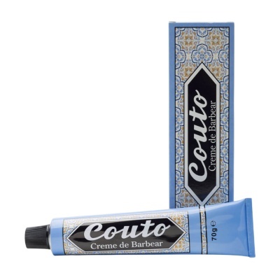 Creme de barbear Couto em tubo azul com padrão azulejo