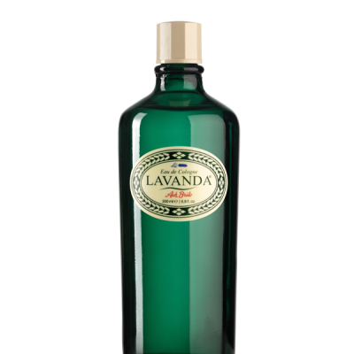 Frasco verde com tampa dourada e etiqueta creme de Eau de Cologne Lavanda