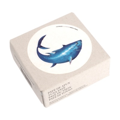 Embalagem de paté de atum com ilustração de peixe azul