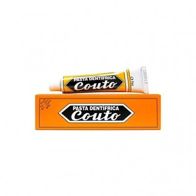 Pasta dentífrica Couto com embalagem laranja e tubo preto e branco