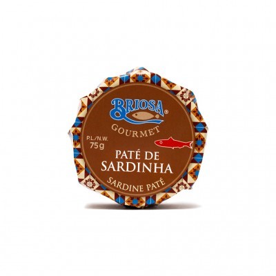 Lata redonda de paté de sardinha Briosa Gourmet com tampa castanha e detalhes azuis