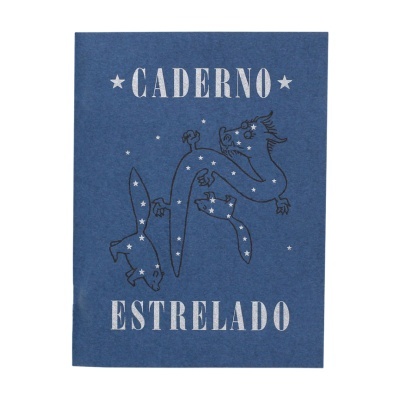 Caderno azul com dragão e estrelas, texto CADERNO ESTRELADO
