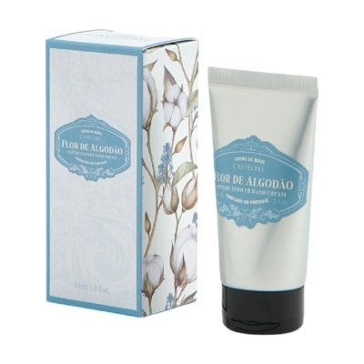 Creme de mãos Castelbel Flor de Algodão com caixa azul decorada com flores de algodão