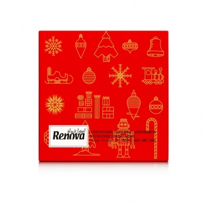 Embalagem vermelha de Renova com desenhos natalícios dourados