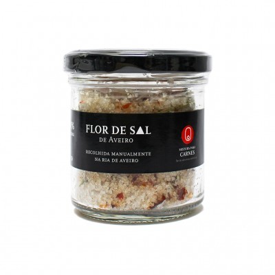 Frasco de flor de sal de Aveiro com tampa preta e rótulo preto