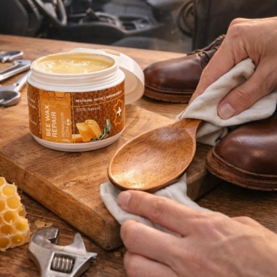 Pote de cera de abelha para calçado, botas castanhas e colher de madeira em mesa de madeira
