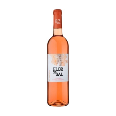 Garrafa de vinho rosé Flor de Sal com rótulo branco e tampa laranja