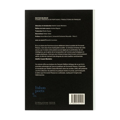 Capa traseira de livro preto com texto em francês, código de barras e logo azul lisbon poets & co.