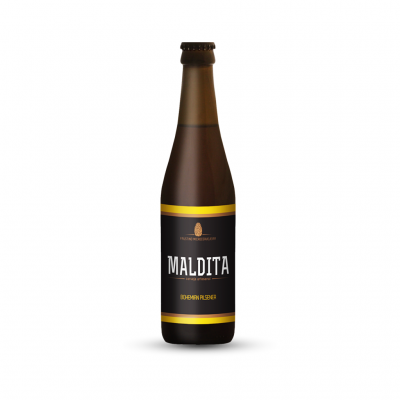 Garrafa de cerveja Maldita com rótulo preto e amarelo