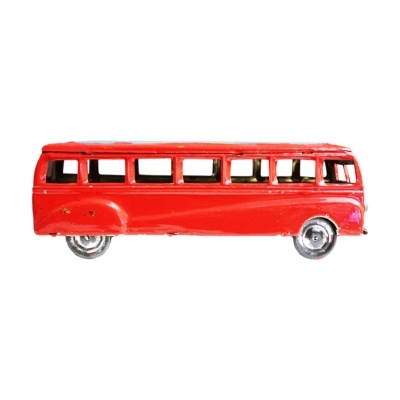 Miniatura de autocarro antigo vermelho com rodas prateadas
