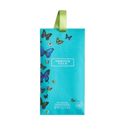 Saqueta perfumada azul com borboletas coloridas e fita verde