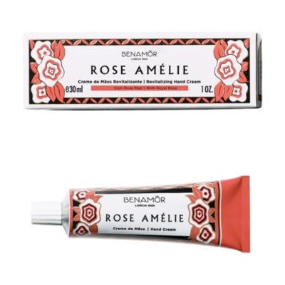 Creme de mãos Benamôr Rose Amélie em embalagem decorada com flores vermelhas.
