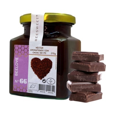 Frasco de néctar com cacau em pó e pedaços de chocolate empilhados