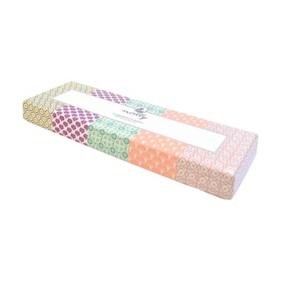 Caixa retangular colorida com padrões variados e texto Quality Botões & Linhas