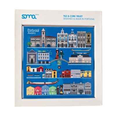 Tripeira de azulejo e cortiça com ilustração de Aveiro em embalagem branca