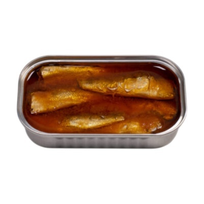 Peixes em lata com molho oleoso castanho dourado