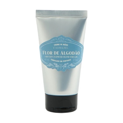 Tubo de creme de mãos Castlebell Flor de Algodão prateado com etiqueta azul
